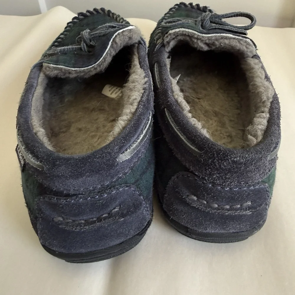 L.L. Bean Wicked Good Plaid Flannel Moccasin Slippers‎ Mens Size 9M Green Blue